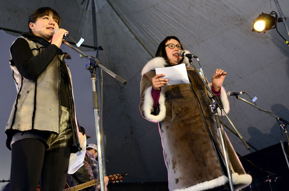 Jessie Fraser and Sarah Carrière emceeing during an afternoon session inside the big top tent during this year’s Alianait arts festival. (PHOTO BY JIM BELL)