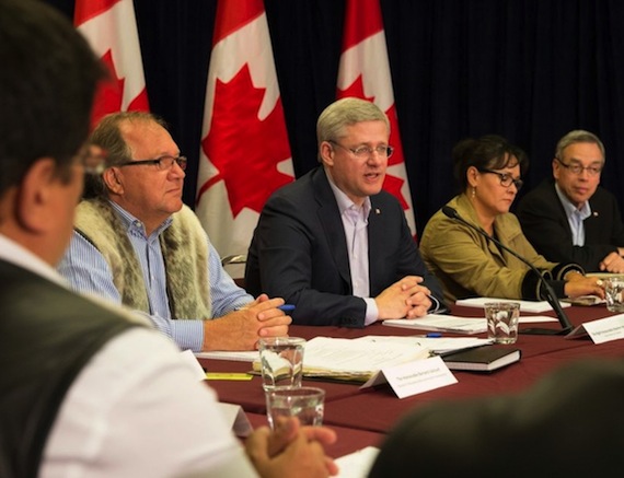 Prime Minister Stephen Harper speaks during his meeting with Inuit leaders Aug. 22 in Rankin Inlet. Read more about their discussions later on Nunatsiaqonline.ca. (PHOTO BY JASON RANSOM/PMO)