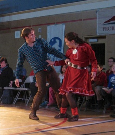 Saami choreographer and dancer Elle Sofe Henriksen and Thomas Gundersen of Norway perform Jorgghàllan at Joamie Elementary School in Iqaluit Sept. 21. (PHOTO BY PETER VARGA)