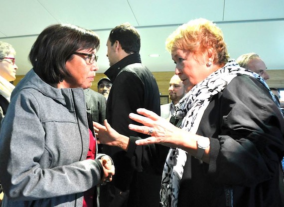 Quebec Premier Pauline Marois takes a moment to chat with Kativik Regional Government chairperson Maggie Emudluk at the Kuujjuaq airport on Sept. 12. Marois and a group of her ministers and staff met with Nunavik leaders Sept. 12. 