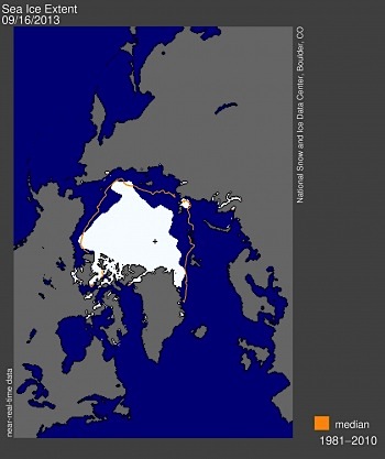 Arctic sea ice extent for September 16, 2013 was 5.10 million square kilometres, The orange line shows the 1981 to 2010 median extent for that month. The black cross indicates the geographic North Pole. (IMAGE COURTESY OF THE NSIDC)