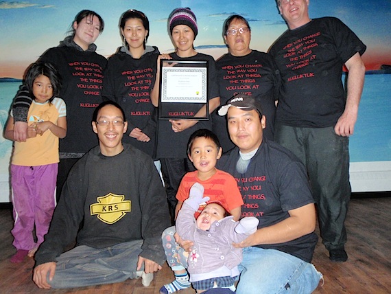 Volunteers  of the Kugluktuk Radio Society hold their certificate of achievement for the Nunavut Community Radio Operators course. From back left, Donna Pangon, Caitline and Sheila Lengenberg, Doris Elatiak, Mike Webster (front row) Chad Hayohok and Steven Kiayogana. (PHOTO COURTESY OF KRS)