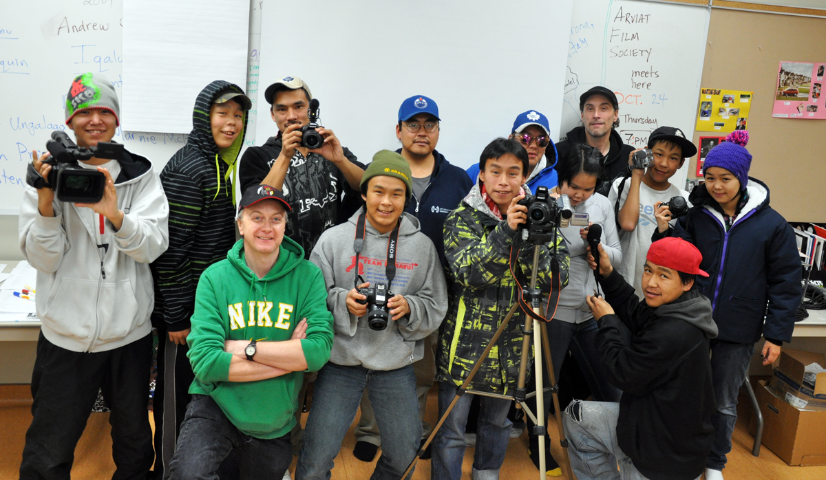 Members of the Arviat Film Society met Oct. 24. The society is a student and youth driven group that works alongside educators and mentors to explore film, new media, communications and research. And that work has paid off — read more about the society's upcoming plans to launch a local television station at nunatsiaqonline.ca. (PHOTO BY SARAH ROGERS) 

