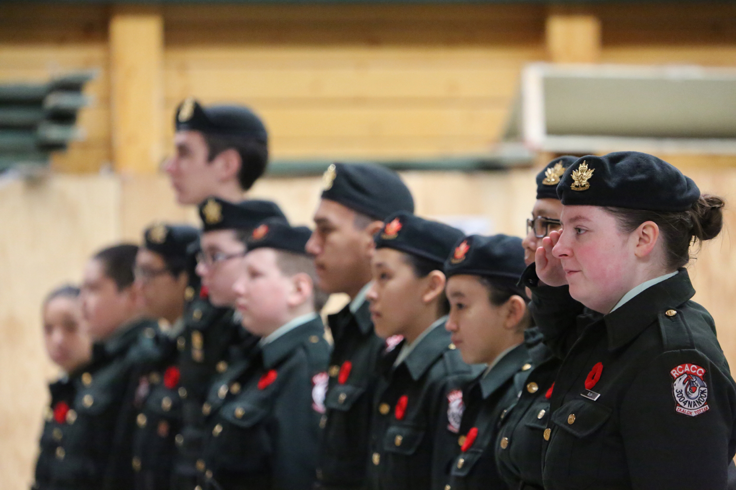 Cambridge Bay was one of many communities across Nunavut that held Remembrance Day ceremonies Nov. 11. Here, local cadets stand on guard during a moment of silence at a service held at Cambridge Bay's community hall. (PHOTO BY RED SUN PRODUCTIONS) 