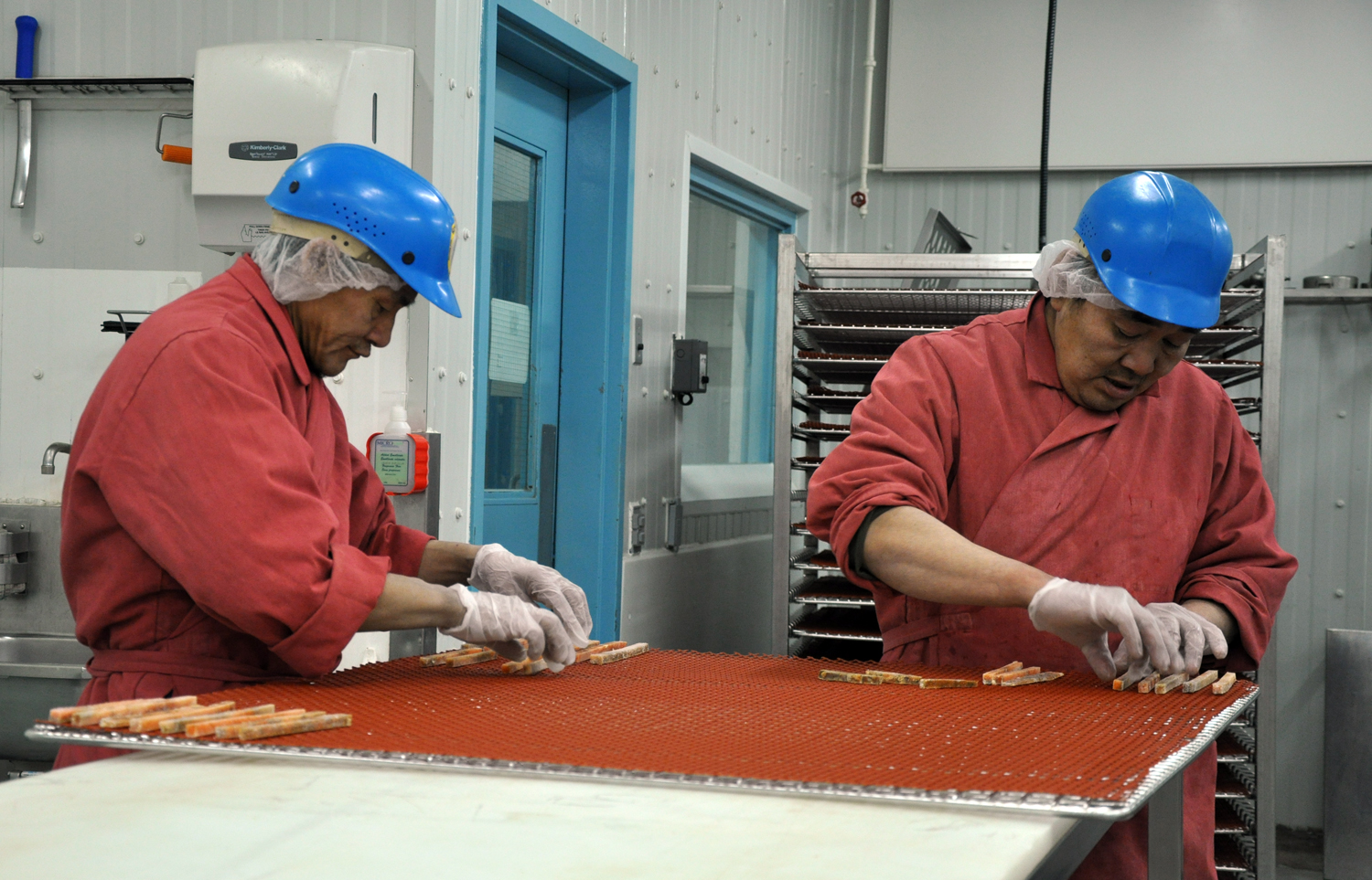 Long-time Kivalliq Arctic Foods staff Joseph Amarok, left and James Inukshuk lay out strips of Arctic char that will be processed as jerky. (PHOTO BY SARAH ROGERS) 