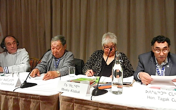 Jacob Oweetaluktuk, second from left, was a key figure during ITK’s 40th anniversary conference in November 2011, and participated in a panel discussion with other founding members, including Tagak Curley and Meeka Kilabuk. (FILE PHOTO)