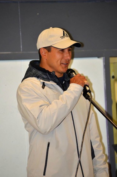 Jordin Tootoo speaks this past July 27 inside Tuqqayaaq Inuuyaq Arena in Clyde River, as part of a promotional tour for the Canadian North airline. (FILE PHOTO)