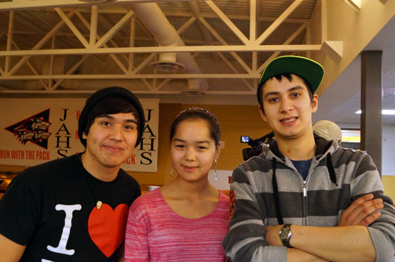 Arviat Film Society members, from left, Calvin Pameolik, Charmaine Komak and Abe Eetak were on hand to help launch the society's new community television channel Nov. 28 at Arviat`s John Arnalukjuak high school. Besides its locally-produced programming, Arviat TV is also a research network and a digital archive, which will eventually host hundreds of hours of traditional knowledge and footage from the Nanisiniq Arviat history project. The channel has been a big hit so far, say society members, broadcasting throughout the day at the local co-op store and in peoples' homes. Viewers in Arviat can tune into channel 19; viewers outside the community can also watch the broadcast at www.isuma.tv. (PHOTO COURTESY OF THE AFS) 