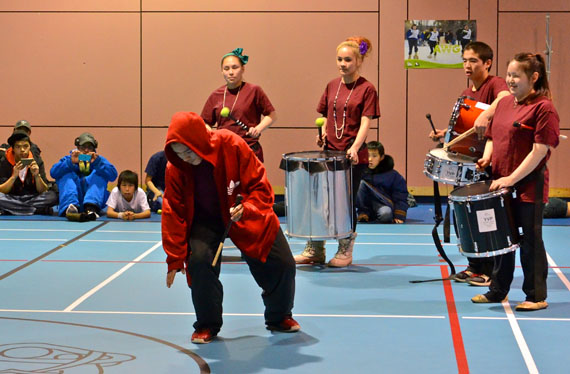 The Kangiqsujuaq Brazilian drummers, pictured here playing the closing ceremonies of the regional trials Nov. 23, have been selected to take part in 2014 Arctic Winter Games as team Nunavik-Québec’s cultural contingent. (PHOTO BY ISABELLE DUBOIS)