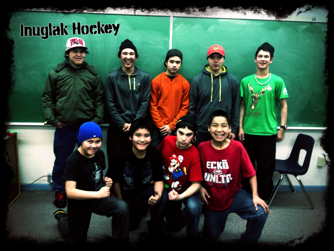 Hockey dreams come true: students at Whale Cove's Inuglak School, along with teacher and coach Andy Mcfarlane, have raised more than $20,000 to take a trip to northern Ontario in March for their first ever southern hockey tournament. Here are some of the players who might make the Inuglak Whalers team when tryouts are held in January 2014. Back row, from left: Adam Nattar, David Uklaagak, Joe Panika, Tyson Panika, Hugh Enuapik. Front row, from left: Steven Panika, Stanley Jr. Adjuk, John Voisey, Demitre Alikashuak. Inclusion on the team will be based first on fulfilling academic, behaviour and attendance requirements and then merit after that. Read about the team later on nunatsiaqonline.ca. (PHOTO COURTESY OF ANDY MCFARLANE)