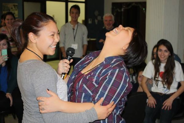 Gotcha! Uliipika Irngaut of Iqaluit got the better of Shauna Angangai Seeteenak from Baker Lake during a throatsinging competition Dec. 11. The two Nunavut Sivuniksavut students were performing for a group of students from Cairine Wilson Secondary School who had come to the NS Ottawa office to show off their improv talents. In return, the NS students offered up some cultural performances. (PHOTO COURTESY OF NUNAVUT SIVUNIKSAVUT)

