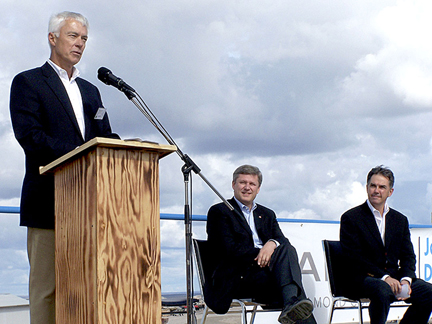 Glory days. Peter Gillen, then the CEO of Tahera Diamond Corp., with Prime Minister Stephen Harper and ex-AAND minister Jim Prentice at the highly-publicized opening of the Jericho diamond mine in the summer of 2006. From that point, the mine's fortunes headed straight downhill. Tahera went into bankruptcy protection in 2008. Shear Diamonds, which bought the insolvent property in 2010, produced diamonds at the site for only four months in 2012 before disappearing into a financial black hole. The company's remaining officials say they have no cash to pay for its regulatory obligations and AAND now deems the site to be 