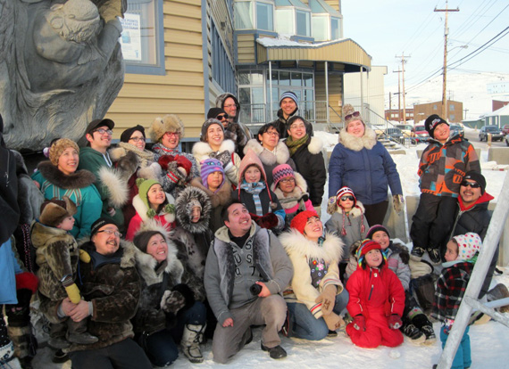 This group of Iqalummiut gathered to show their support for the seal hunt and seal products March 27 by posing for a “sealfie” in front of the Nunavut Tunngavik Inc. monument. Iqaluit filmmaker Alethea Arnaquq-Baril, with friends Nancy Mike and Laakkuluk Williamson Bathory spearheaded the call for the photo in Nunavut's capital - their response on the popular “selfie” posted by U.S. talk show host Ellen Degeneres during this year's Academy Awards. Degeneres' photo earned $1.5 million for charity, which she donated to the Humane Society of the United States - a strong opponent of the sealing industry. (PHOTO BY PETER VARGA)