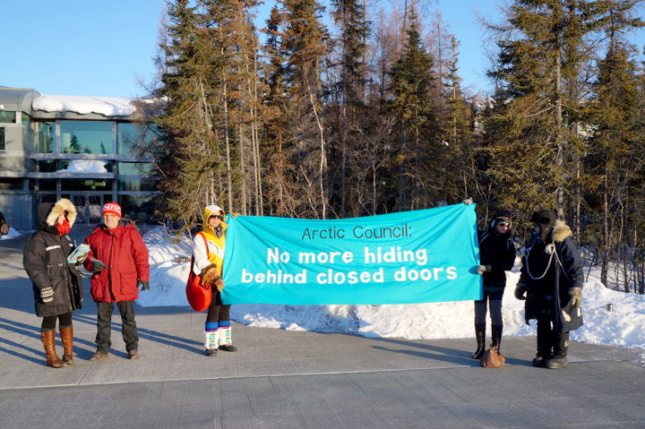 Concerned northerners and Greenpeace activists protest outside the Northwest Territories Legislative Assembly at the opening of the Arctic Council's Senior Arctic Officials meeting in Yellowknife March 25. According to the council, the meeting is expected to focus on the council’s Adaptation Actions for a Changing Arctic project, as well as exploring the reduction of short-lived climate pollutants, such as the small air-borne particles known as black carbon or soot. But protesters are concerned that the council, under Canada's chairmanship, is pushing a pro-oil agenda and worries that decisions about the Arctic are being made by delegates behind closed doors. (PHOTO COURTESY OF GREENPEACE)