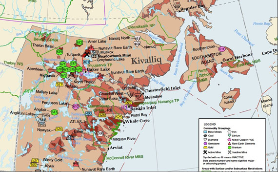 This map shows the numerous mineral deposits that lie outside the area protected by Ukkusiksalik National Park. (FILE PHOTO)