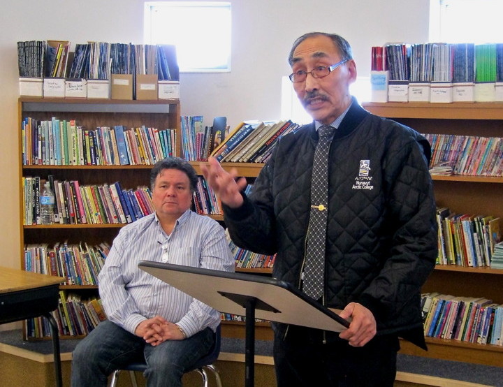 Education Minister Paul Quassa and Premier Peter Taptuna, seated, at Aqsarniit Middle School in Iqaluit March 21, where they explained changes to Nunavut’s education curriculum for the next school year. (FILE PHOTO)
