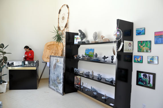 The Native Friendship Centre of Montreal runs a co-operative store at the front of its St. Laurent Boulevard building, displaying work from many Inuit carvers. (PHOTO BY SARAH ROGERS)