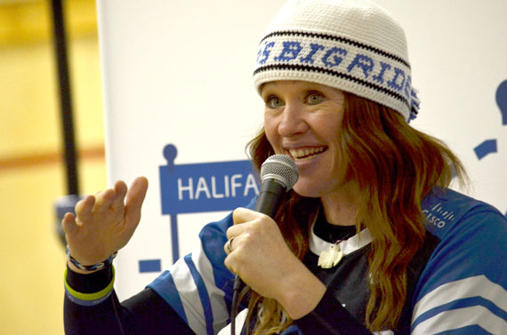 Clara Hughes speaks May 1 at Iqaluit's Aqsarniit school. “I thought the [medals] were going to fix all these feelings that I had inside. And they didn’t,” Hughes said, saying no one should suffer stigma if they seek help for a mental health issue. (PHOTO BY DAVID MURPHY)