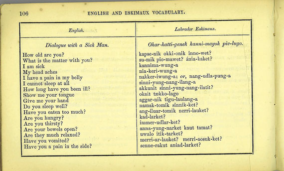 A practice dialogue from a book titled “Eskimaux Vocabulary for the use of the Arctic Expedition,” published in 1850 by the British Admiralty. (HARPER COLLECTION)