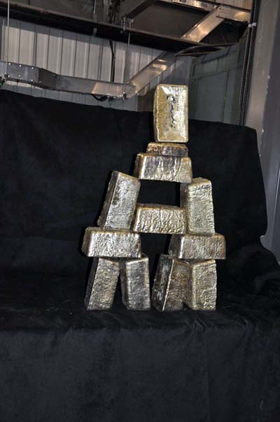 The finished product: gold bars at Meadowbank’s refinery are made into the shape of an inuksuk June 23. The mine expects to produce about 430,000 ounces of gold this year. (PHOTO BY SARAH ROGERS) 