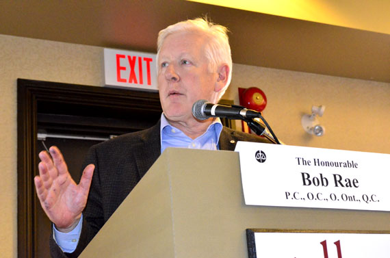 Bob Rae, the former interim leader of the federal Liberal party and former NDP premier of Ontario, giving a noon-hour keynote speech June 20 at the Canadian Bar Association's aboriginal law conference in Iqaluit. In a speech that focused on why governments often resist sharing their sovereignty and authority with aboriginal peoples, he said that if governments knew what would happen later, they would not have put Section 35 into the constitution in late 1981. And he praised the courts for limiting the unilateral power of governments following adoption of the Charter of Rights in 1982. Read more later on nunatsiaqonline.ca (PHOTO BY JIM BELL)