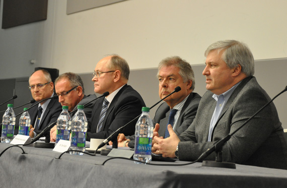From left, the former chair of the Arctic Council’s SAO group and former president of the Canadian Northern Economic Development Agency, Patrick Borbey; CanNor's vice-president, Mitch Bloom; Russia's Arctic ambassador, Anton Vasiliev; Finland's Arctic ambassador, Hannu Halinen; and Baffinland CEO Tom Paddon at a panel discussion on the future of the Arctic Economic Council held Jan. 29, 2014 at the Northern Lights conference in Ottawa. Borbey has since been replaced by Vincent Rigby as head of the council’s SAO group and by Janet King as boss of CanNor. (PHOTO BY SARAH ROGERS)