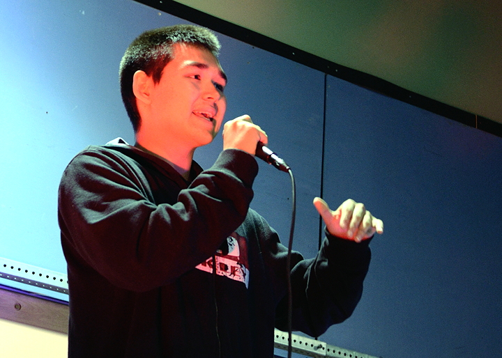 Who's got talent? Alex Papak's rousing, inspirational rap performance at the Kuujjuaq Forum earned him first place in the 13 and up category at the annual Kuujjuaq's Got Talent contest Aug. 8. Both Papak, and junior winner Niivi Snowball, took home $300 in cash and will get to perform at this year's Aqpiq Jam Music Festival which takes place in Kuujjuaq Aug. 11-14. (PHOTO BY ISABELLE DUBOIS)
