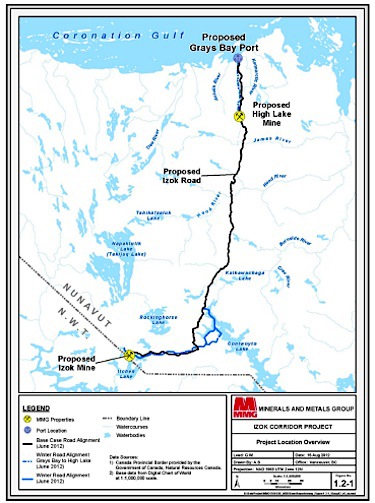A map from the 2012 Izok Corridor project proposal shows where the all-weather road would run to the coast, not far from Kugluktuk.