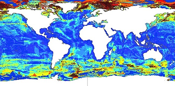 Where there's yellow to red you can see where new fish and invertebrate species may go due to warming ocean temperatures in this map from a new study looking at climate change effects on global marine biodiversity.