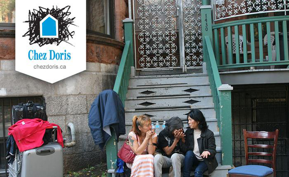 A group of clients sit on the steps of Chez Doris, Montreal's only day shelter dedicated to women. Staff say a decision to close the shelter on weekends has had a negative impacts on its clients. (CHEZ DORIS PHOTO) 