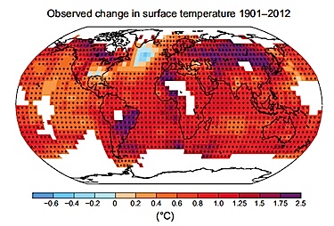 This map from the IPCC synthesis report shows how much temperatures have risen from 1901 to 2012.