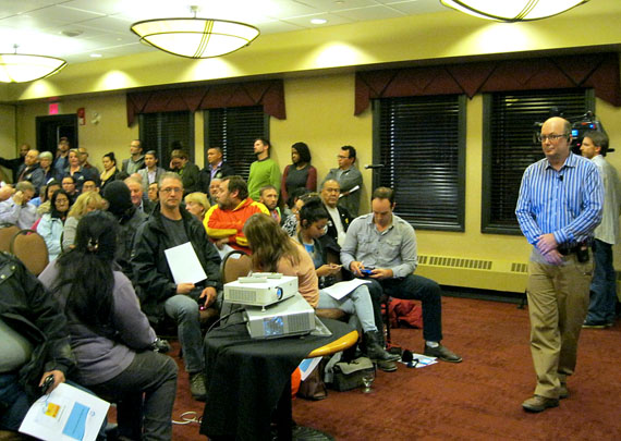 Iqaluit residents at a public meeting held Oct. 7 to talk about a beer and wine store that the Nunavut government is proposing for Iqaluit. (PHOTO BY PETER VARGA)