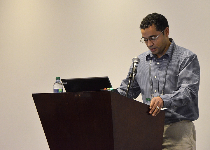Jamal Shirley, research design and policy development manager at the Nunavut Research Institute in Iqaluit, gives a presentation on NRI's water monitoring program at ArcticNet's annual conference in Ottawa, Dec. 11. (PHOTO BY DAVID MURPHY) 