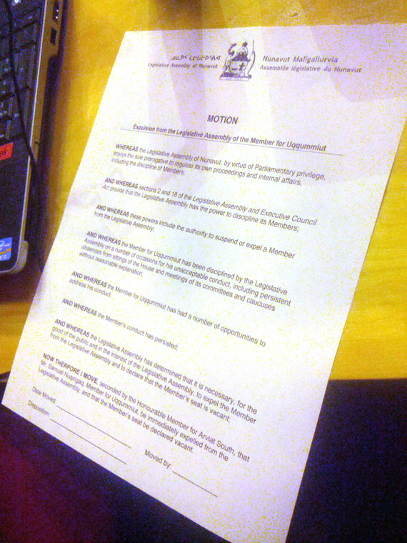 The Uqqummiut seat has sat vacant since Oct. 24, 2014, when MLAs passed this motion to get rid of Samuel Nuqingaq once and for all. Residents of Clyde River and Qikiqtarjuaq will to the polls Feb. 9 to elect an MLA. (FILE PHOTO)