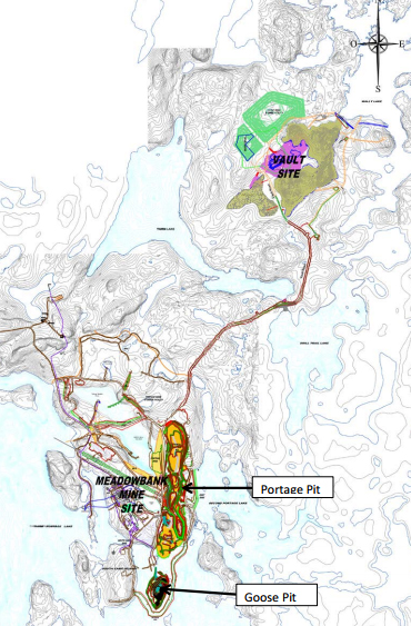 Meadowbank’s Goose and Portage Pits are located in close proximity to the mine’s mill, office and lodging infrastructure, while Vault Pit and the proposed expansion into Phaser Lake are located 8 km northeast of the main mine site. (AEM IMAGE)