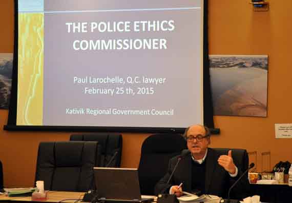 Quebec's police ethics commissioner Paul Larochelle speaks to Kativik Regional Government councillors Feb. 25. (PHOTO BY SARAH ROGERS)