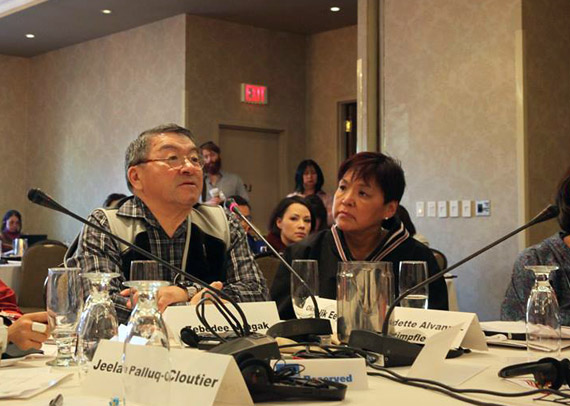 Nunavik language advocate Zebedee Nungak, left, addresses the Arctic Indigenous Languages Symposium in Ottawa Feb. 11, with Inuit Circumpolar Council chair Okalik Eegeesiak, right. The Arctic Council-led conference looked at the health of Arctic languages included participation from Inuit, Saami, Athabaskan, Aleut, Gwich'in and Indigenous groups from Russian. The symposium wrapped up Feb. 12. (PHOTO COURTESY OF MAKIVIK CORP.)

