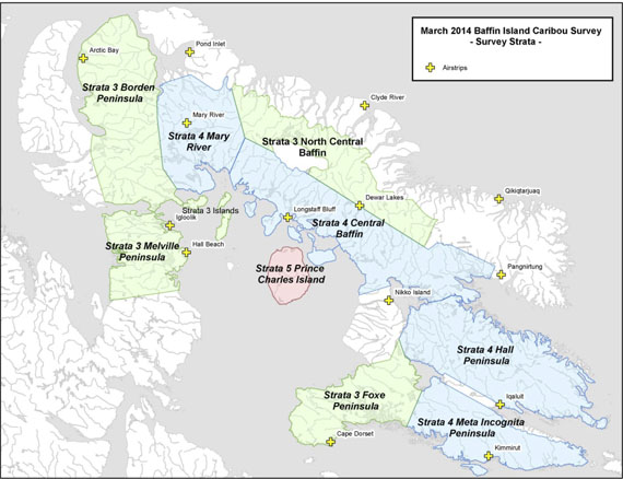 This map shows the caribou population areas that Government of Nunavut wildlife officials surveyed by air in 2014. (IMAGE COURTESY OF THE GOVERNMENT OF NUNAVUT)