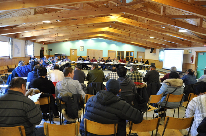 The Nunavut Wildlife Management Board began public hearing at Iqaluit's Parish Hall March 11 to consider a management plan for the alarmingly low number of Baffin Island caribou. About 30 stakeholders were on hand for the opening of the meeting including members from all Qikiqtani hunters and trappers organizations as well as representatives from the Government of Nunavut, Nunavut Tunngavik Inc., Parks Canada, the Qikiqtani Wildlife Board, the Kivalliq Wildlife Board and Fisheries and Oceans Canada. The hearing is scheduled to run until March 13. See story later on nunatsiaqonline.ca. (PHOTO BY THOMAS ROHNER)
