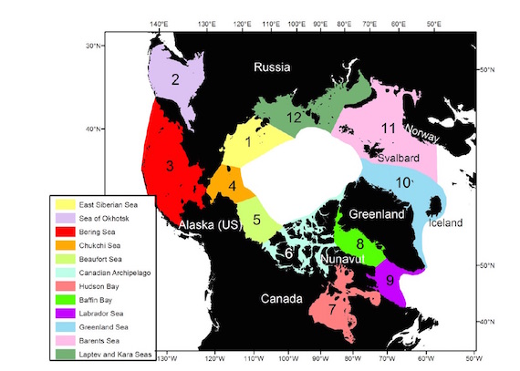 New research on Arctic marine mammals'  habitat looked at geographic regions important to these marine mammals, which are also used for sea ice analyses. (IMPAGE COURTESY OF K. LAIDRE) 