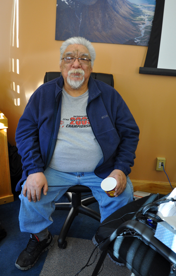 Sandy Kakayuk, a long-time member of the Salluit band, is pictured here working for the regional broadcaster TNI in Kuujjuaq last week. (PHOTO BY SARAH ROGERS)