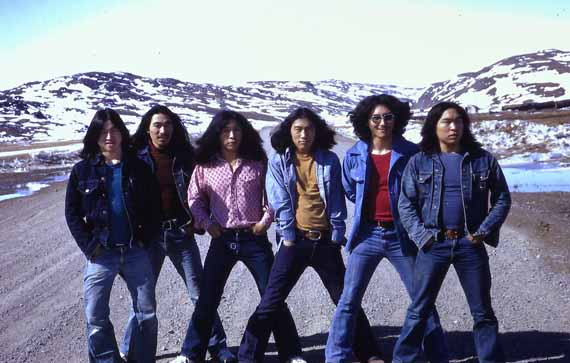 Members of Salluit's Sugluk band pose in Iqaluit in this circa 1975 photo. From left, Willie Keatainak, George Kakayuk, the late Tayara Papigatuk, Mark Kadjulik, Putulik Papigatuk (not a band member) and Sandy Kakayuk. (PHOTO COURTESY OF P.PAPIGATUK)