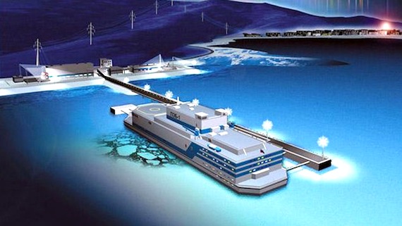 Here's an artist's depiction of a floating nuclear power plant that could provide power to mines in Nunavut, be modified to serve as floating desalination plants or serve as a power source for a community in an emergency situation. (IMAGE FROM OKBM)