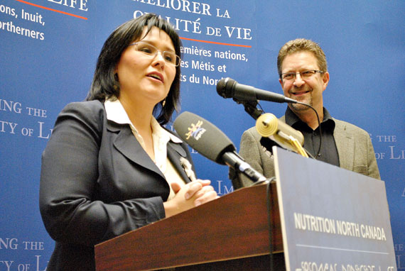 Leona Aglukkaq, the Nunavut MP and Chuck Strahl, then the AAND minister, announcing the Nutrition North Canada program in May 2010 at a press conference in Iqaluit. The program started up April 1, 2011 — which means its fourth anniversary occured this April 1. (FILE PHOTO)