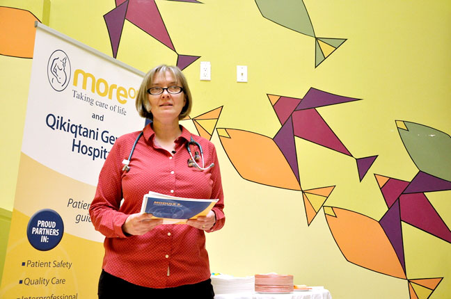 Dr. Patty DeMaio, chief of maternal care at the Qikiqtani General Hospital, talks to reporters in the hospital lobby May 20 to mark the second anniversary of the