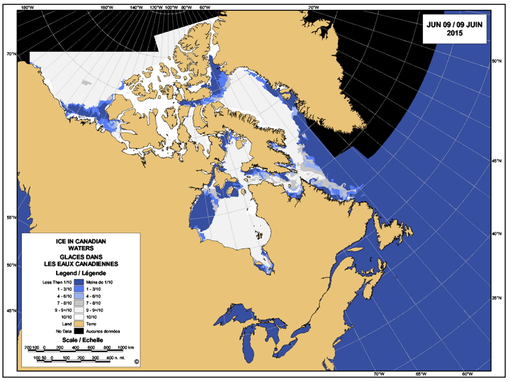 Here's the lastest Canadian Ice Service map showing sea ice conditions in Nunavut. Thickness goes from 1/10th of its maximum depth (dark blue) — meaning the parts which are nearly all melted now — to the maximum sea ice depth with no melting yet (bright white). Note the significant melt already in Lancaster Sound, just north of Baffin Island, and in northern Baffin Bay, between Ellesmere Island and Greenland. And speaking of sea ice, the National Snow and Ice Data Centre in Colorado reported that the maximum Arctic sea ice extent for 2015 was recorded on February 25. It had reached 14.54 million square kilometers which makes this year's maximum ice extent the lowest in the satellite record. The NSIDC is predicting average air temperatures in the Eastern Arctic to be 