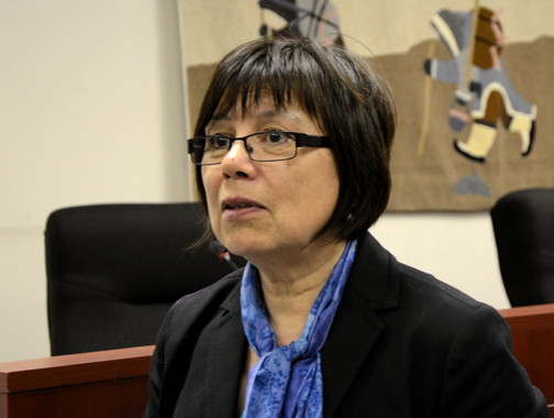 Iqaluit Mayor Mary Wilman takes questions from the press at a June 12 news conference at Iqaluit city hall. (PHOTO BY DAVID MURPHY) 