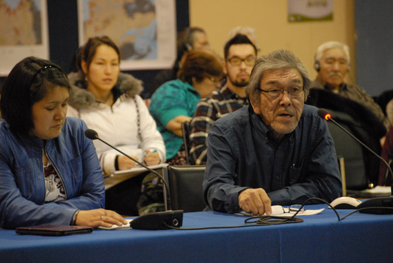 Kangiqsualujjuaq mayor Hilda Snowball and local landholding corporation president Willy Annanack at a BAPE uranium hearing Dec. 3, 2014 in Kangiqsualujjuaq. (PHOTO COURTESY OF MAKIVIK CORP)