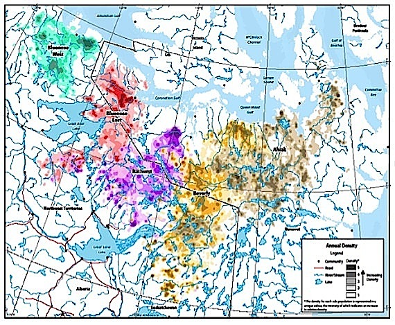 This map shows the ranges of the barren-ground caribou herds in the Northwest Territories and Nunavut from 2006 to 2012 — the Bluenose-East and the Bathurst caribou herds roam between the NWT and Nunavut. (FILE IMAGE)