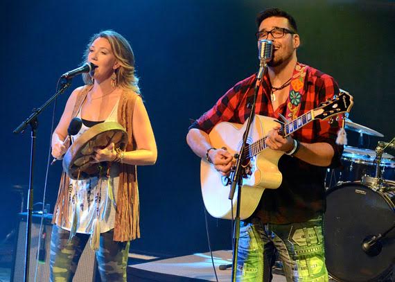 Twin Flames take the stage at Aqpik Jam in Kuujjuaq Aug. 13. The Ottawa-based duo is made up of Quaqtaq-raised singer/songwriter Jaaji Okpik, right, and his partner, Métis singer/songwriter Chelsey June. The music fest wraps up tonight, Aug. 14, with a finale show featuring Saali and the Ravenhearts, Sinuupa, the Salluit Band and Northern Haze. (PHOTO BY ISABELLE DUBOIS)